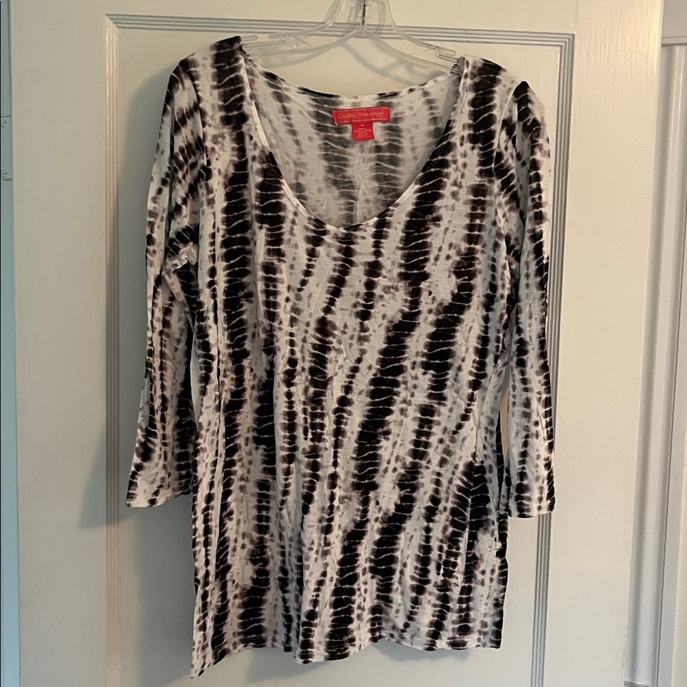 Black & White Tie-Dye Print 3/4 Sleeve Cotton Top Women’s size M
